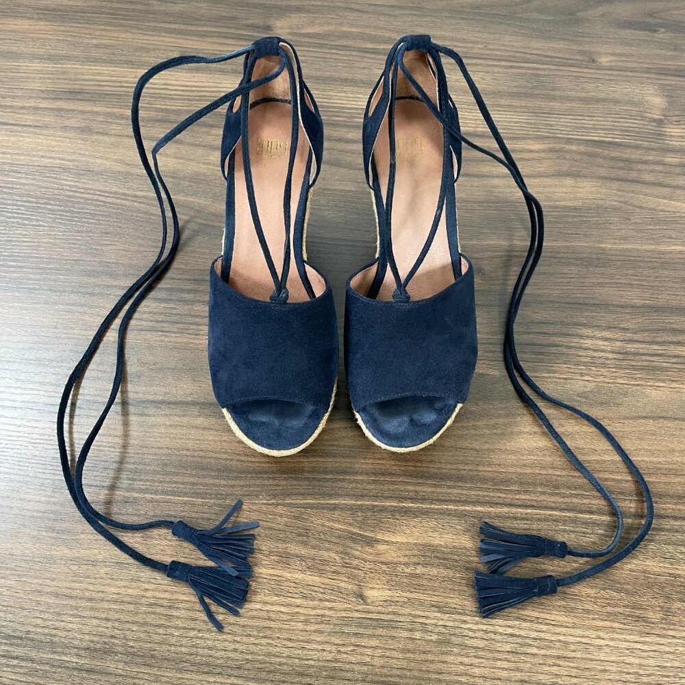 Cabi Wrap Lace-Up Blue Suede Leather Espadrille Aztec Wedge Heel Women's 5M - Picture 2 of 15